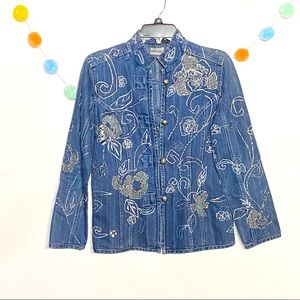 Chicos Denim Floral Button Down Jacket